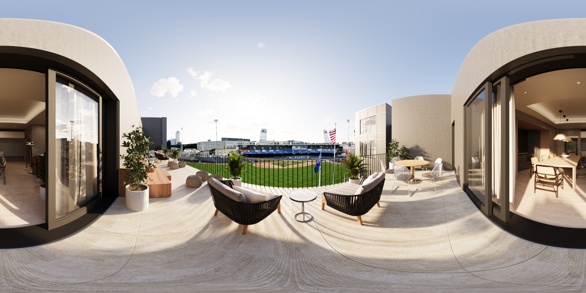 Panoramic views of the Sky Lounge in an apartment building.