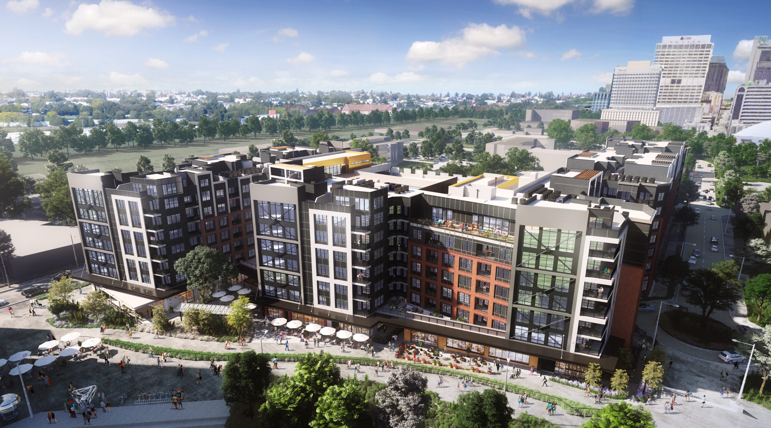 An aerial image of many apartment buildings in a city.