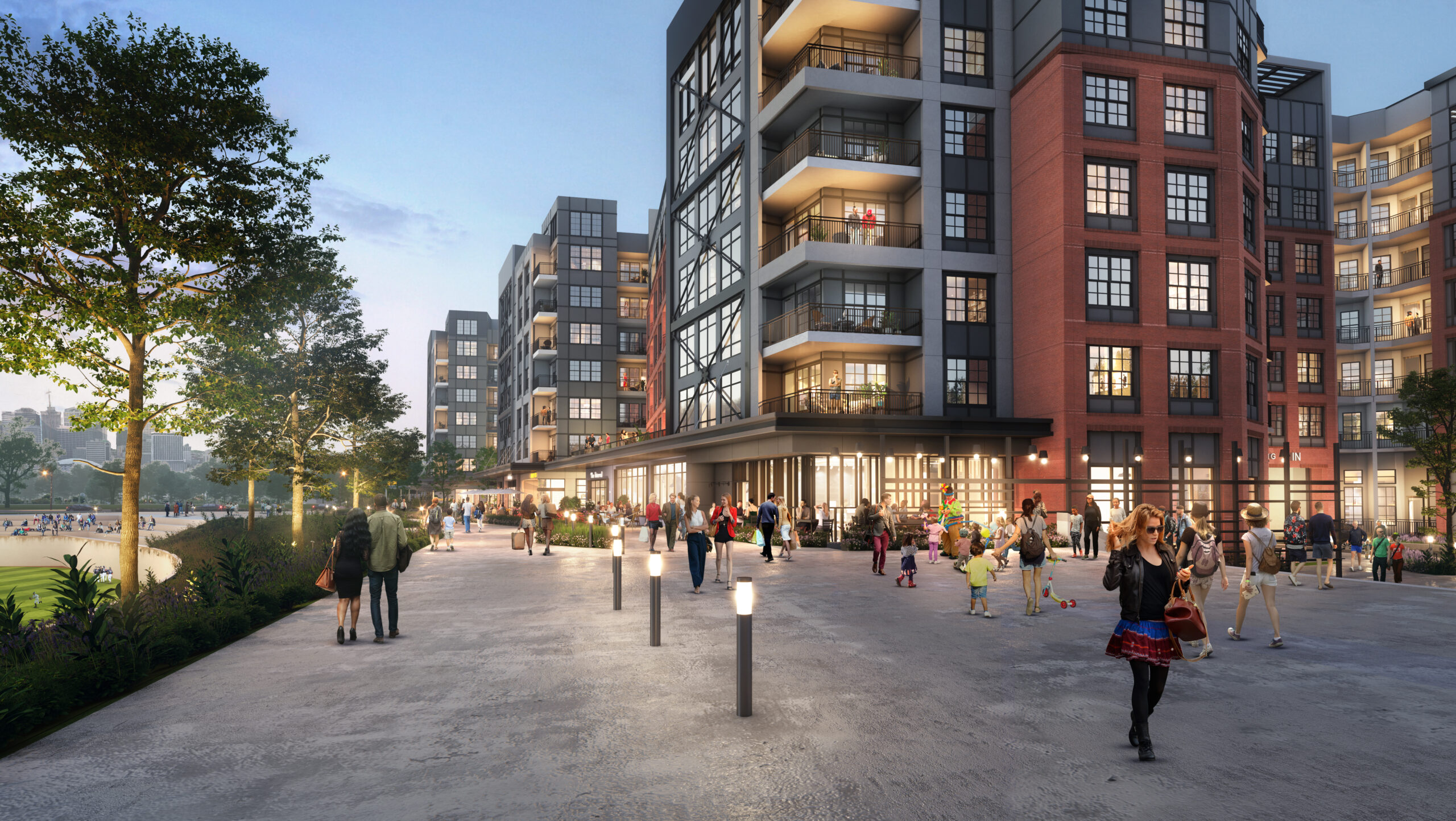 People are walking around a neighborhood. There are many apartment buildings all around.