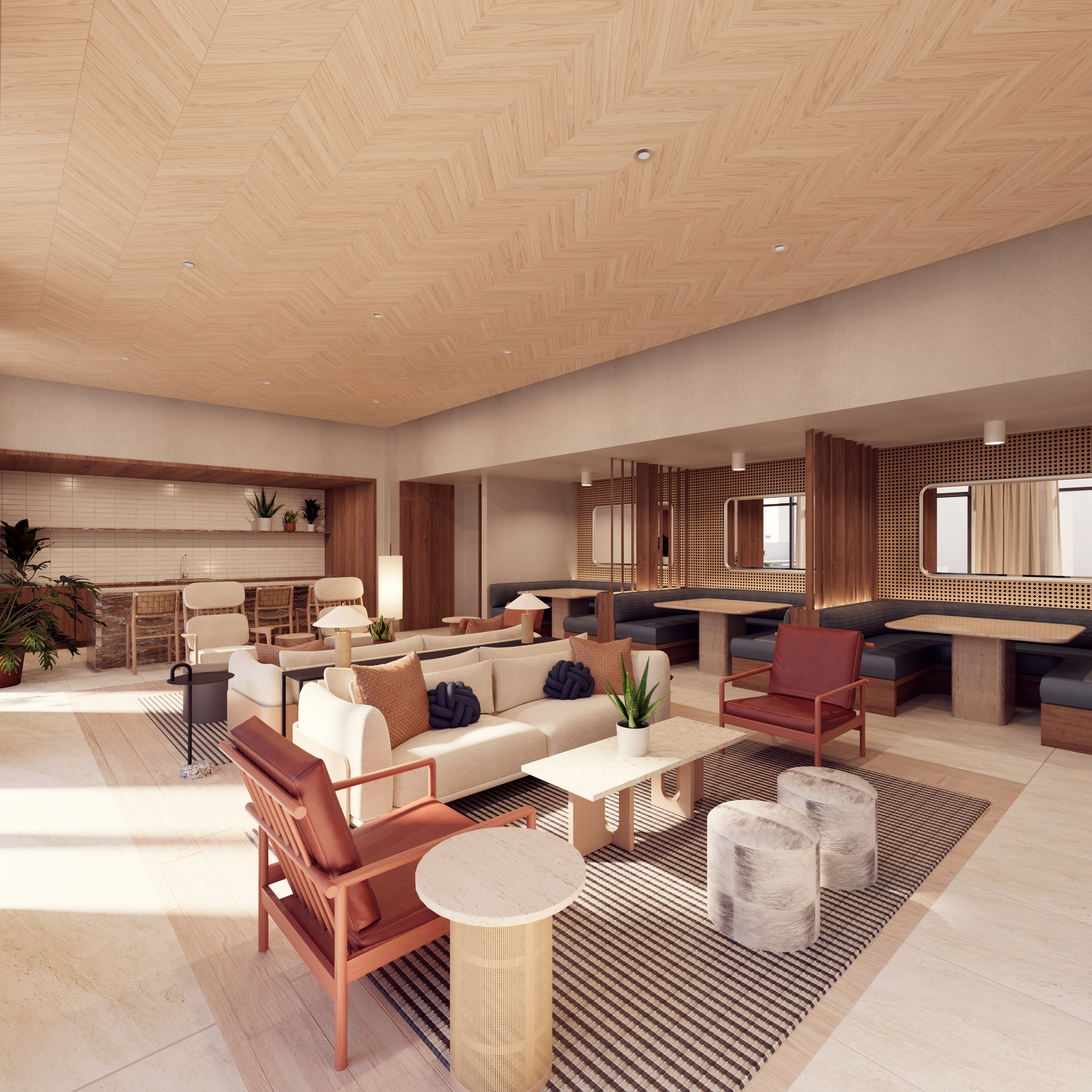 Resident lounge with sofas, chairs, benches and tables at Starling apartments in Nashville, TN.