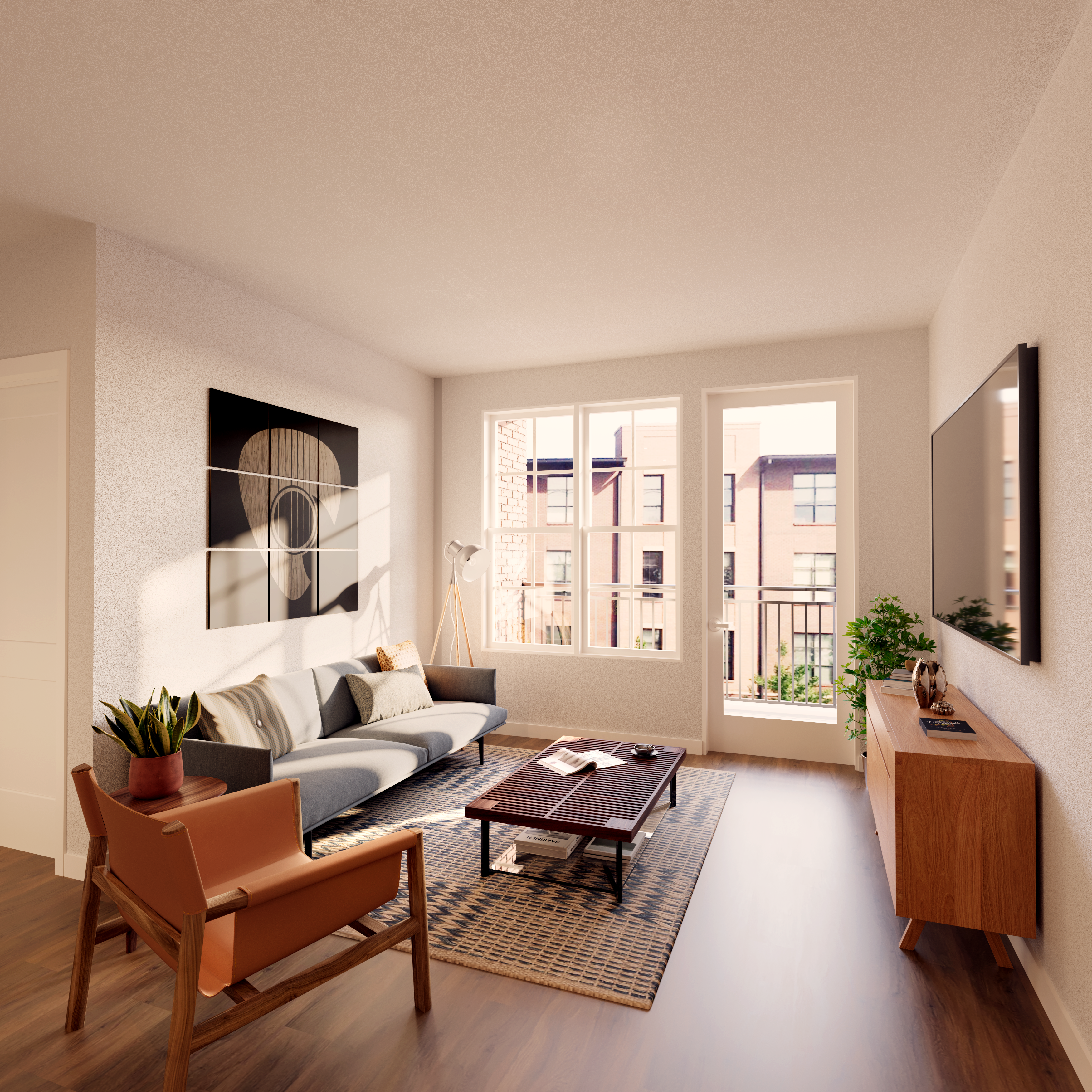 There is an interior living space with big windows and a balcony.