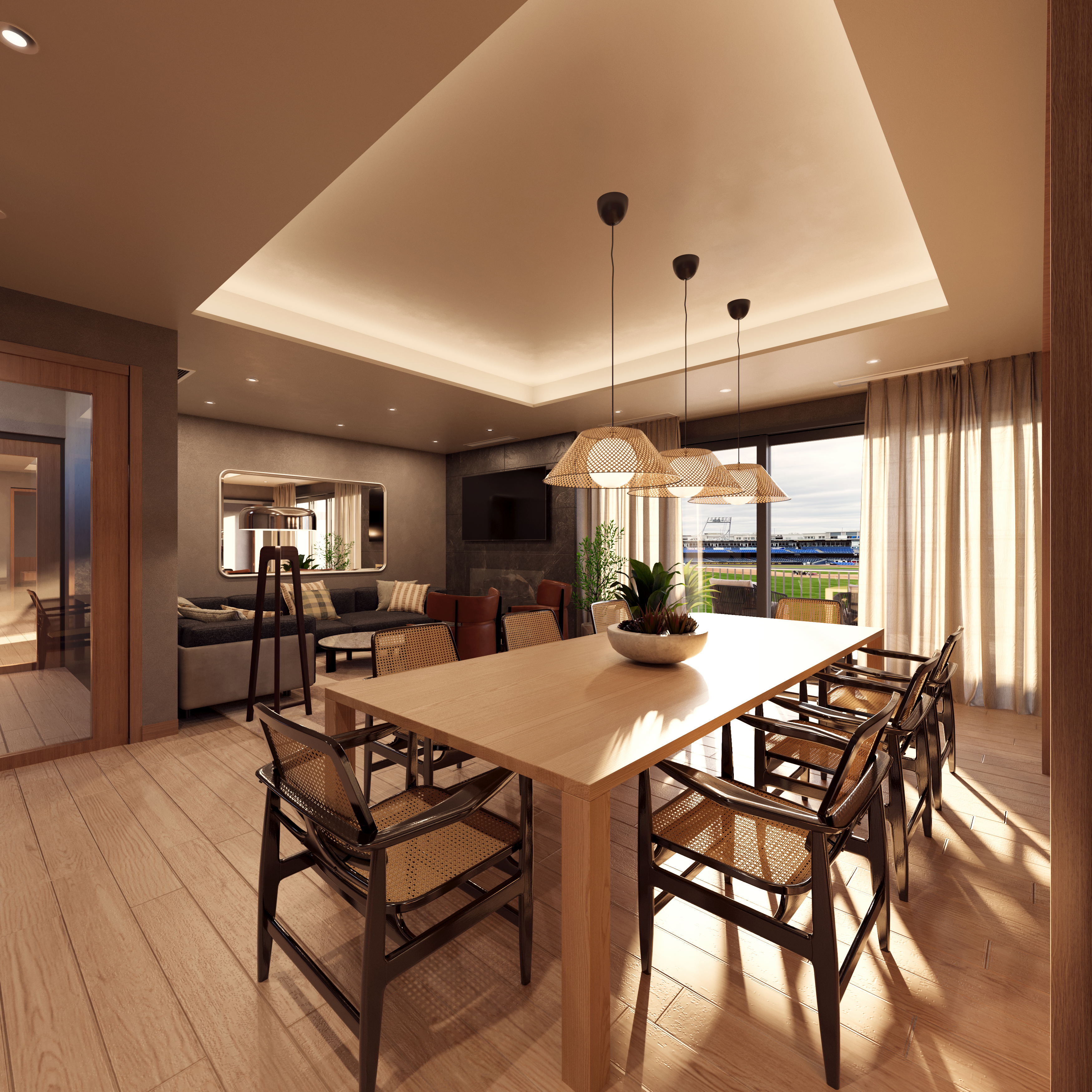 The interior of a lounge area with a view of a baseball field.