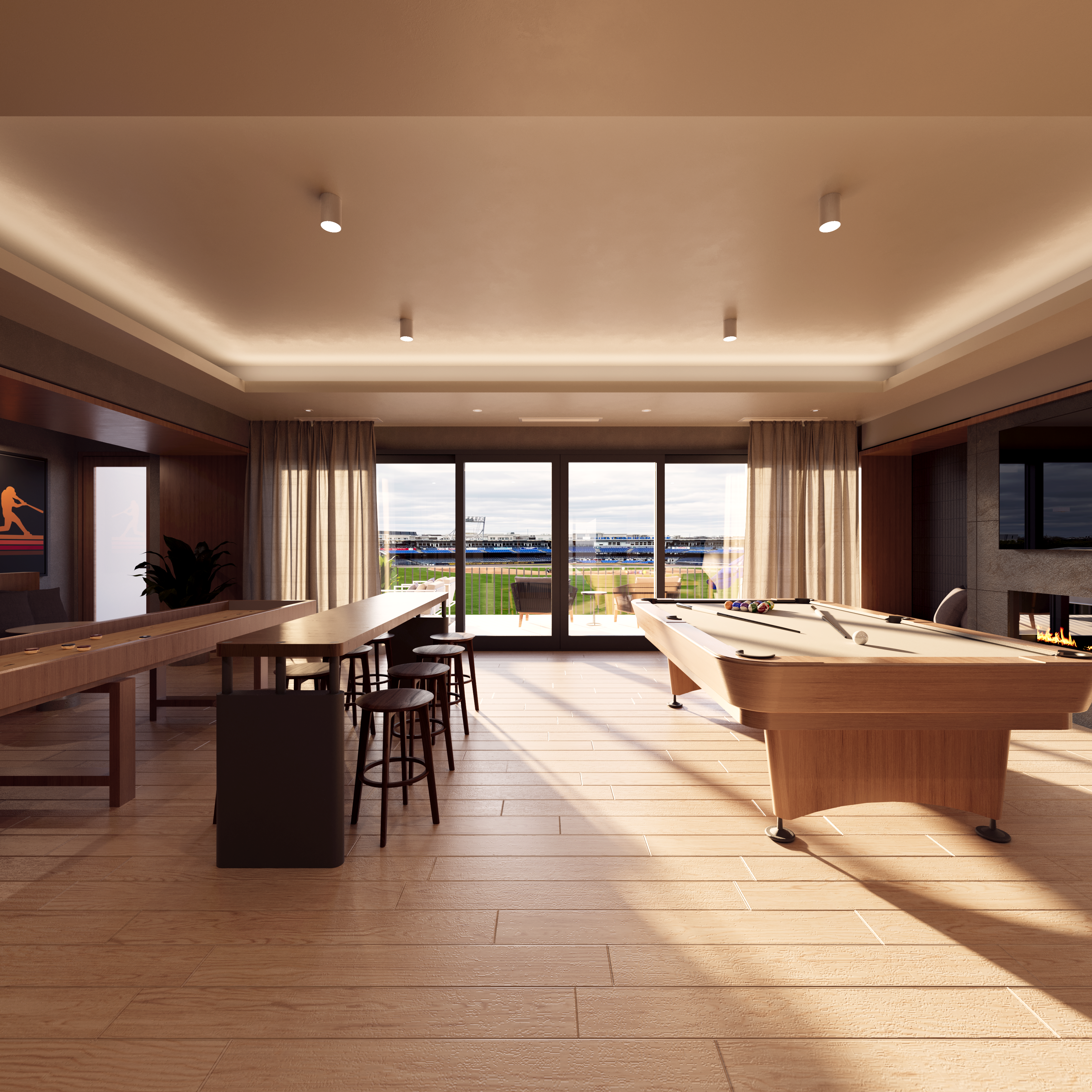 The interior of a game room.