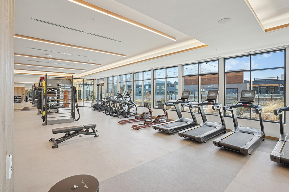 Gym with large windows and treadmills at Starling apartments in Nashville, TN.